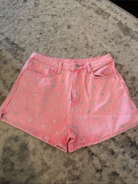 Pink High-Waist Women's Shorts with rhinestone stars